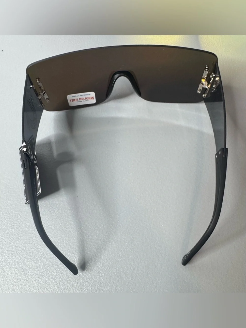 True Religion aviator Black Rimless Shield Sunglasses blue mirrored horseshoe